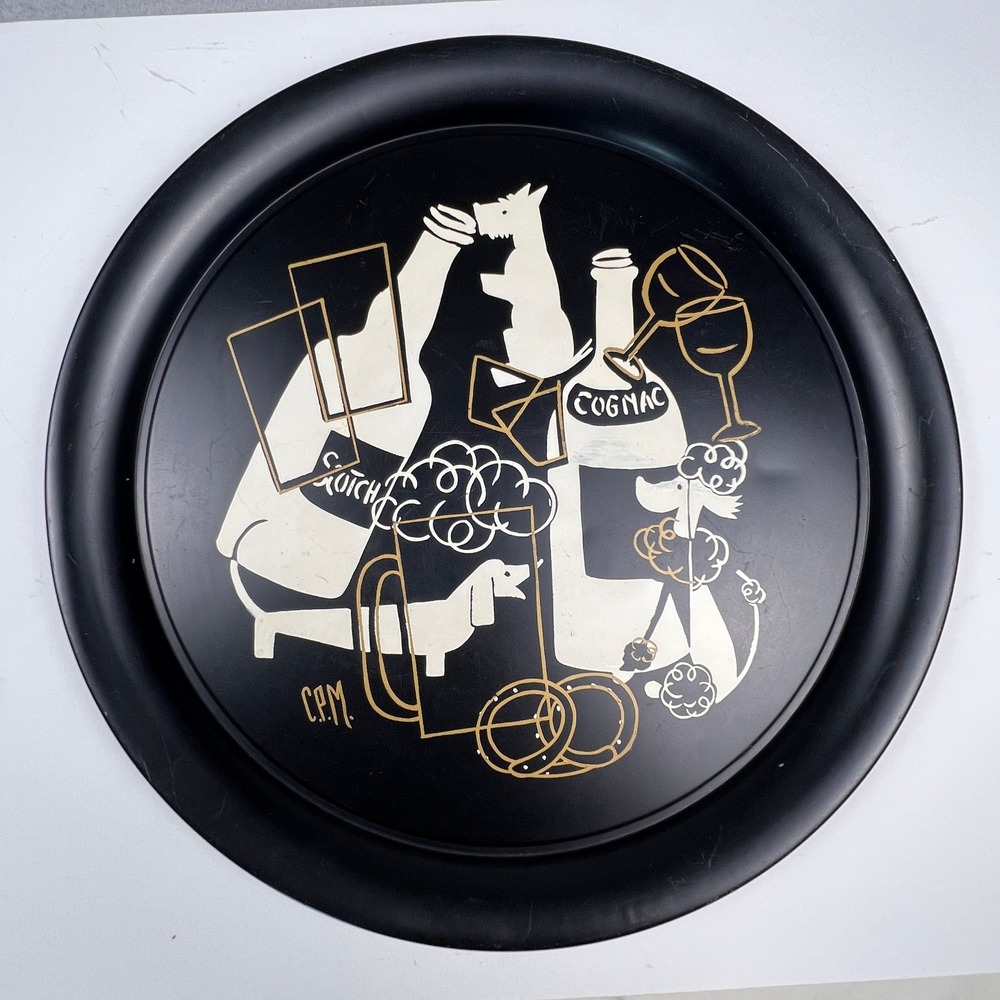 VTG Metal Serving Tray 13.25in Black MCM Dog Barware Graphic CPM Dogs Booze Liqr